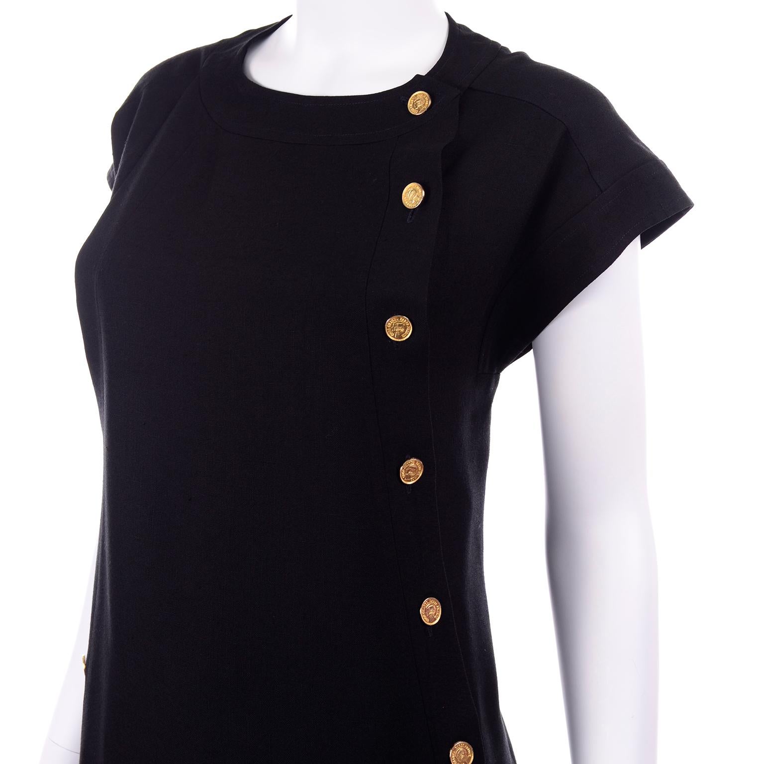 Vintage Chanel Black Linen Dress With Silk Lining & Coco Chanel Gold Buttons 1