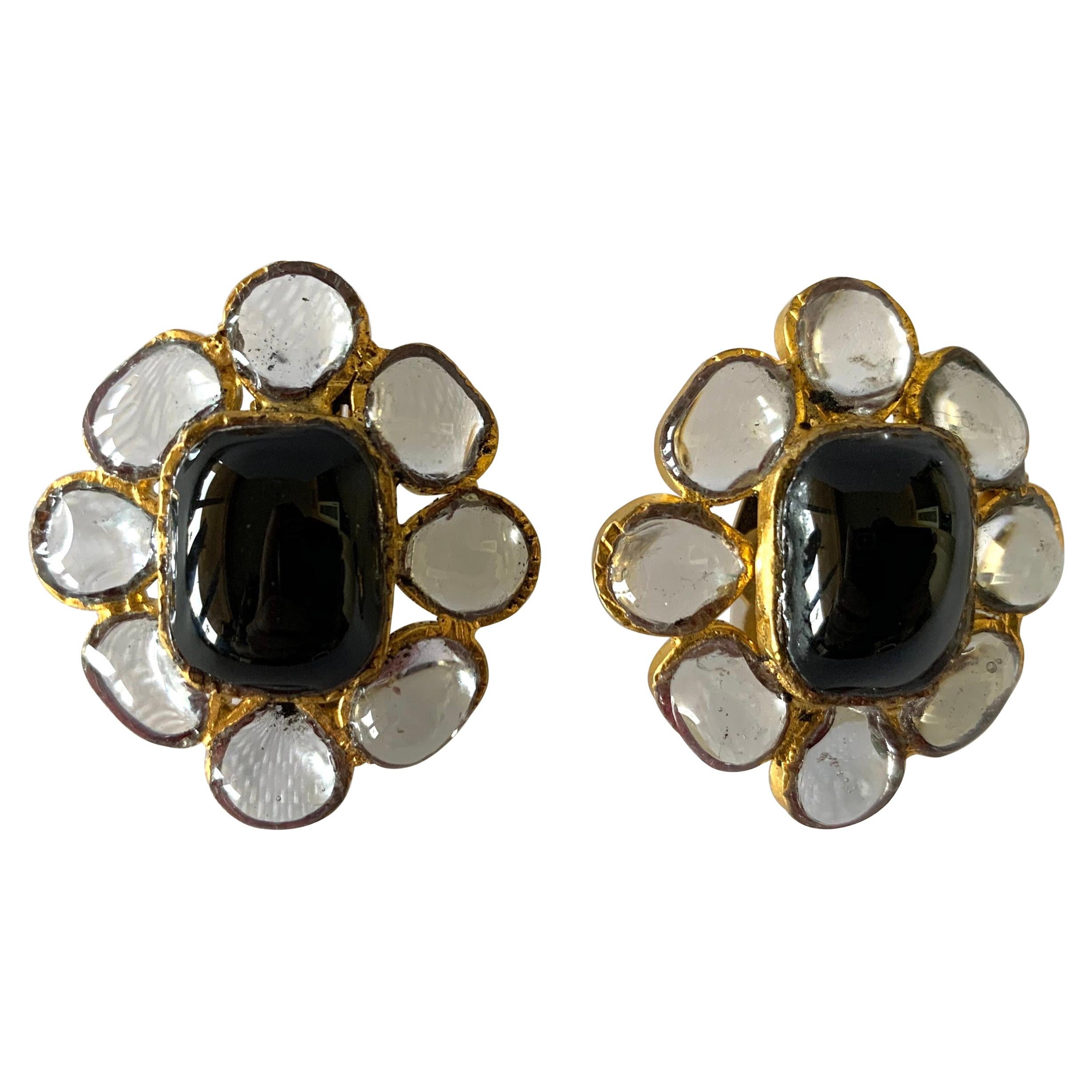 Vintage Chanel Black "pate de verre" Anglo Indian Style Earrings 