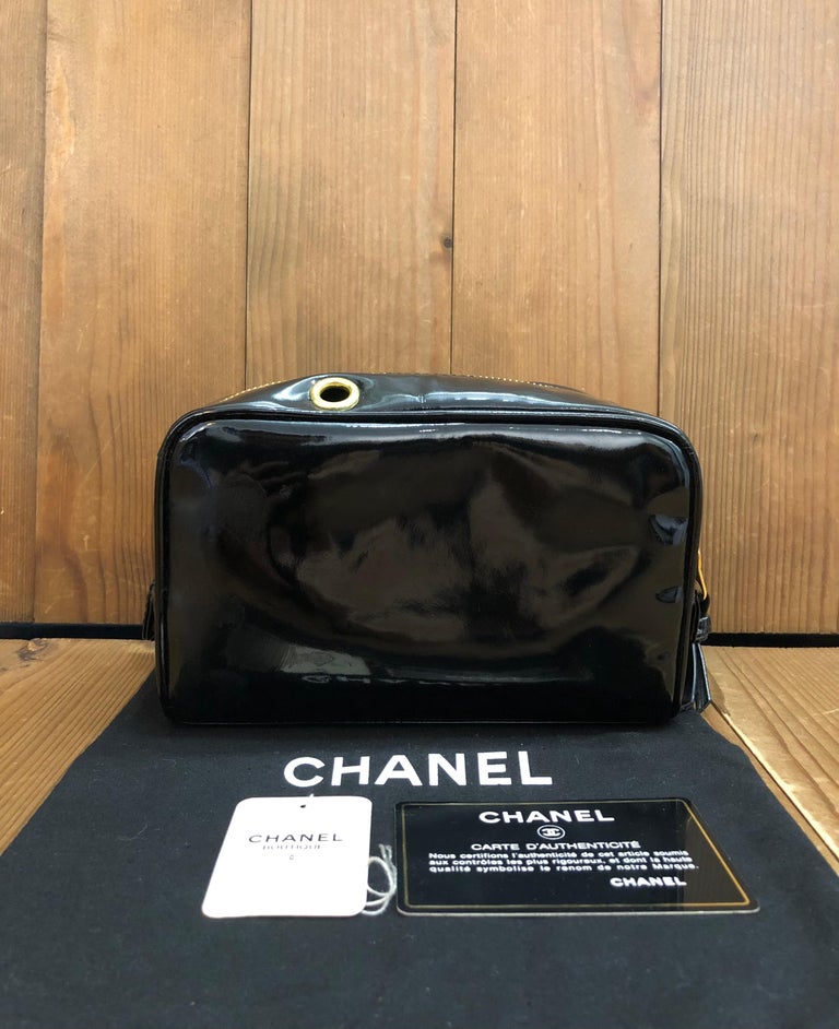 Vintage CHANEL Black Patent Leather Cosmetic Pouch Clutch Bag (Modified)