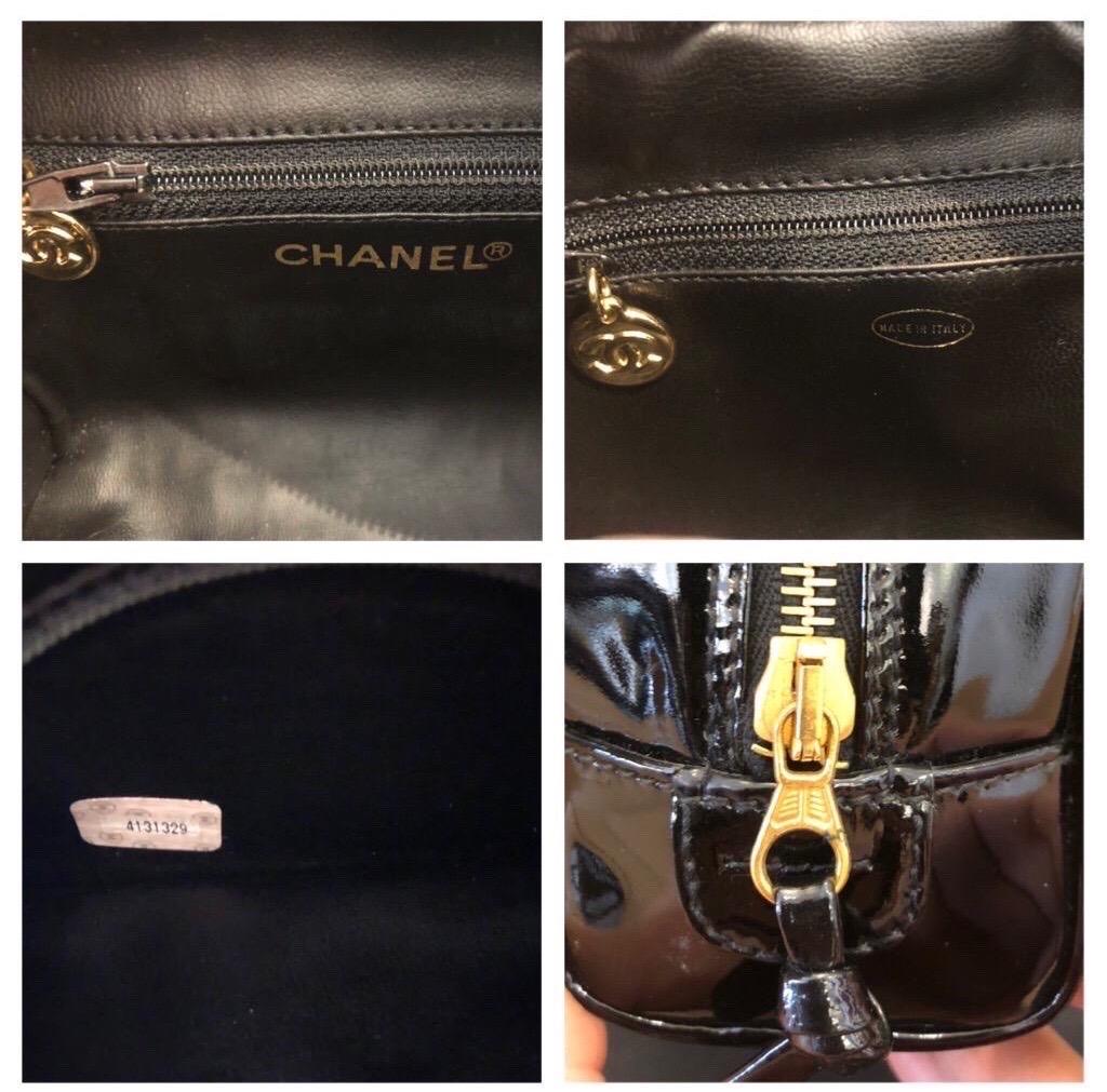 Vintage CHANEL Schwarzes Lackleder Kosmetiktasche Clutch Bag (modifiziert) im Angebot 2