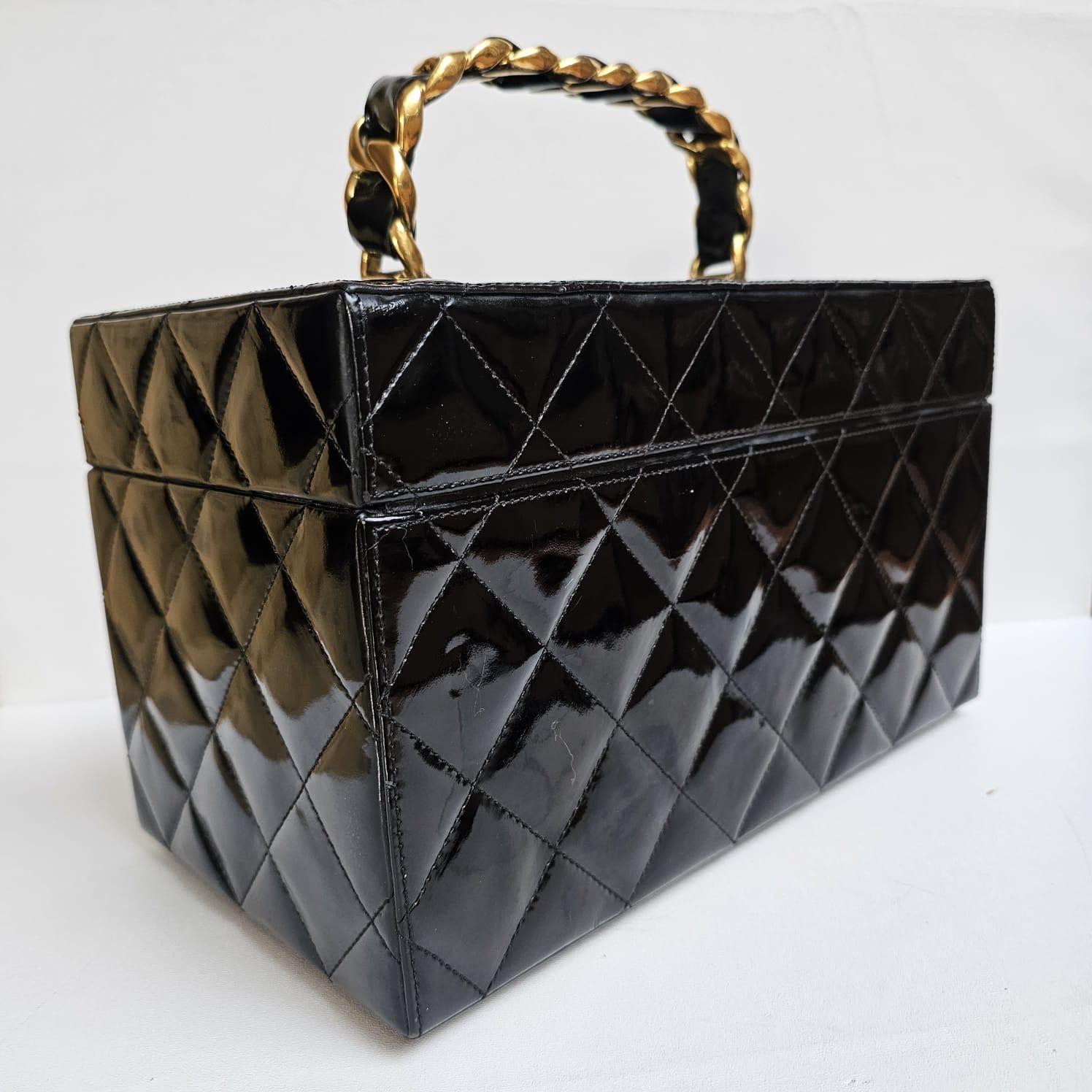 Vintage Chanel Black Patent Quilted Vanity Box Bag For Sale 7