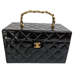 Retro Chanel Black Patent Quilted Vanity Box Bag
