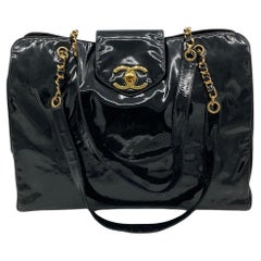 Retro Chanel Black Patent XL Weekender Super Model Tote 