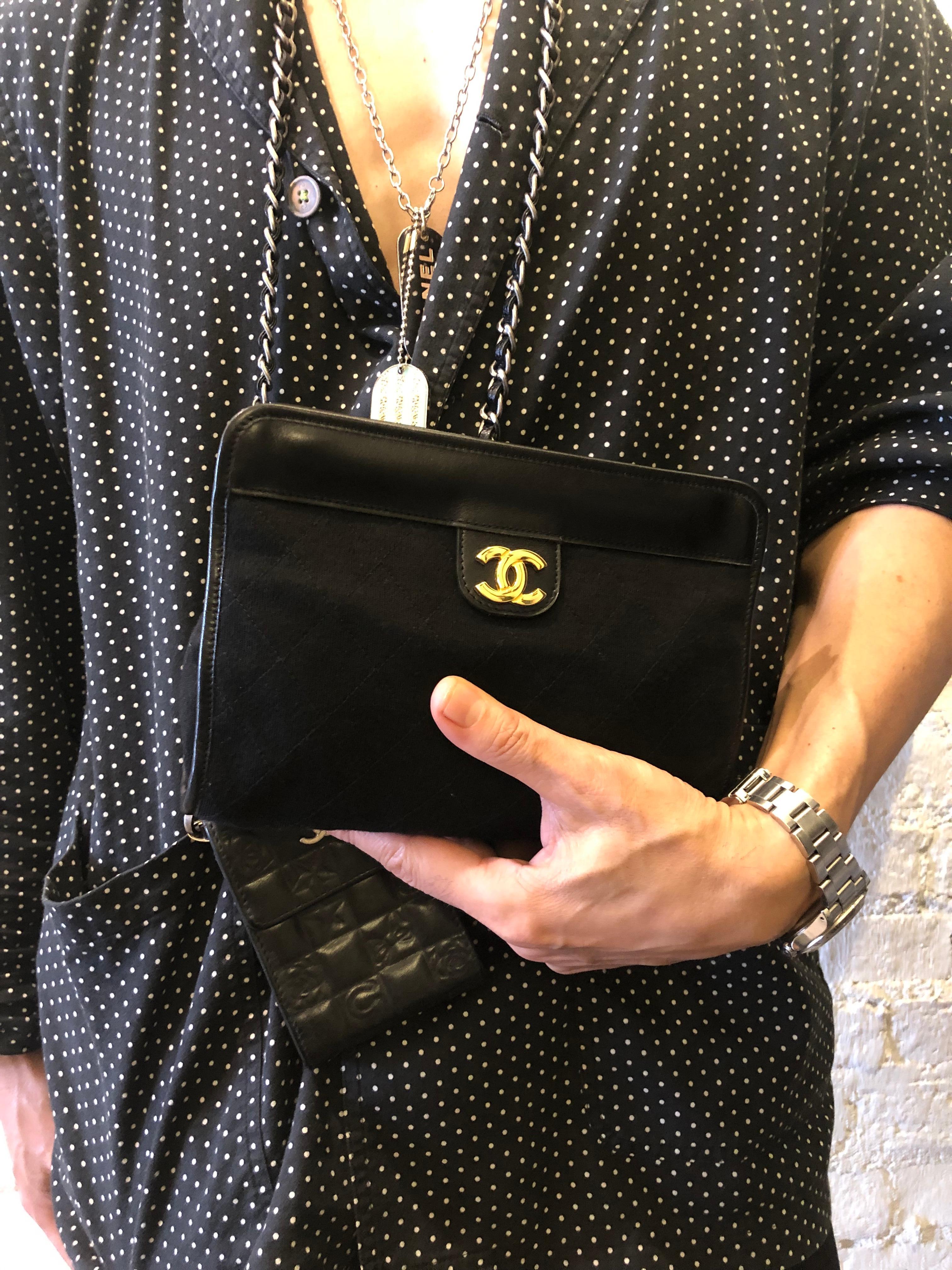 Women's or Men's Vintage CHANEL Diamond Quilted Jersey Clutch Bag Black Small