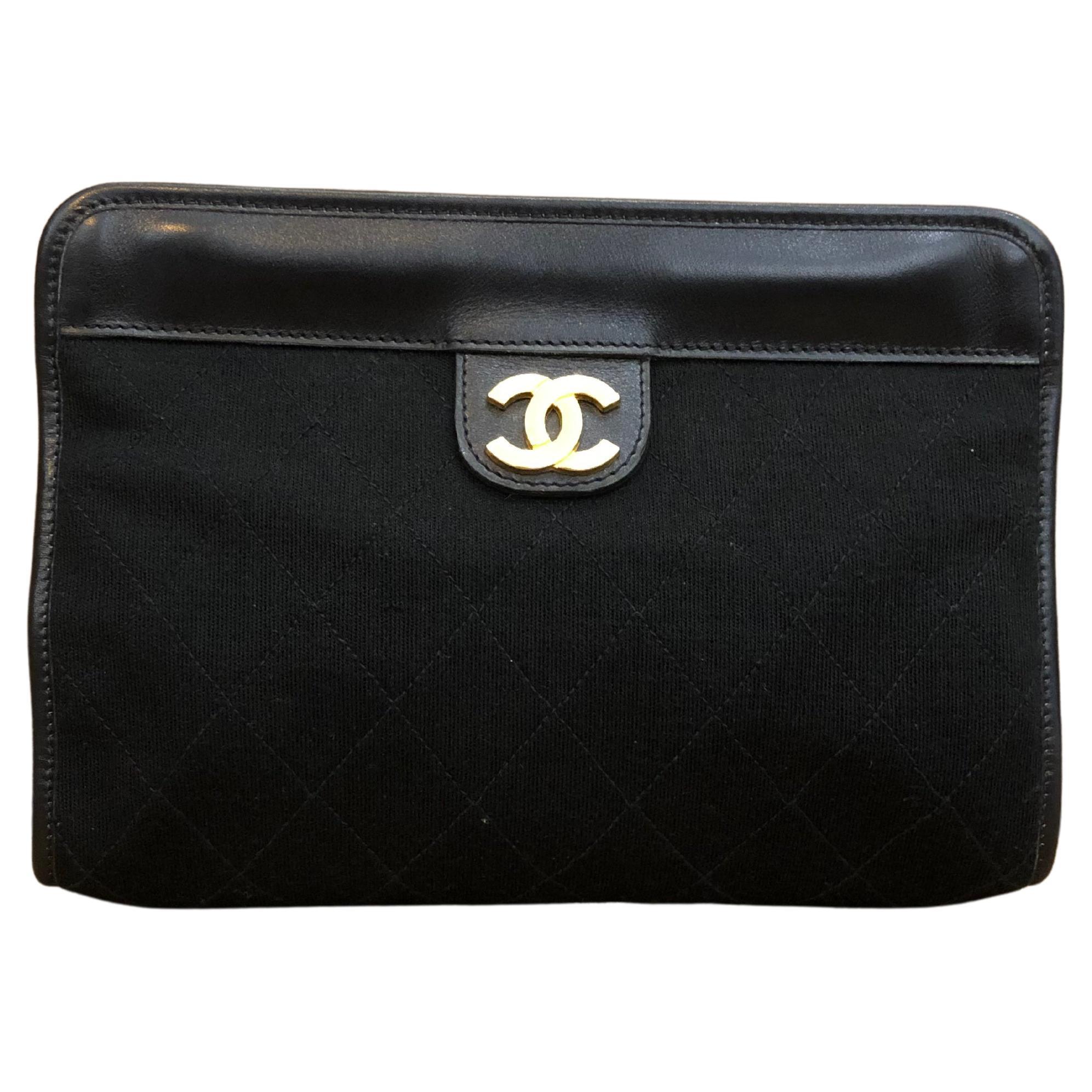 Vintage CHANEL Diamond Quilted Jersey Clutch Bag Black Small