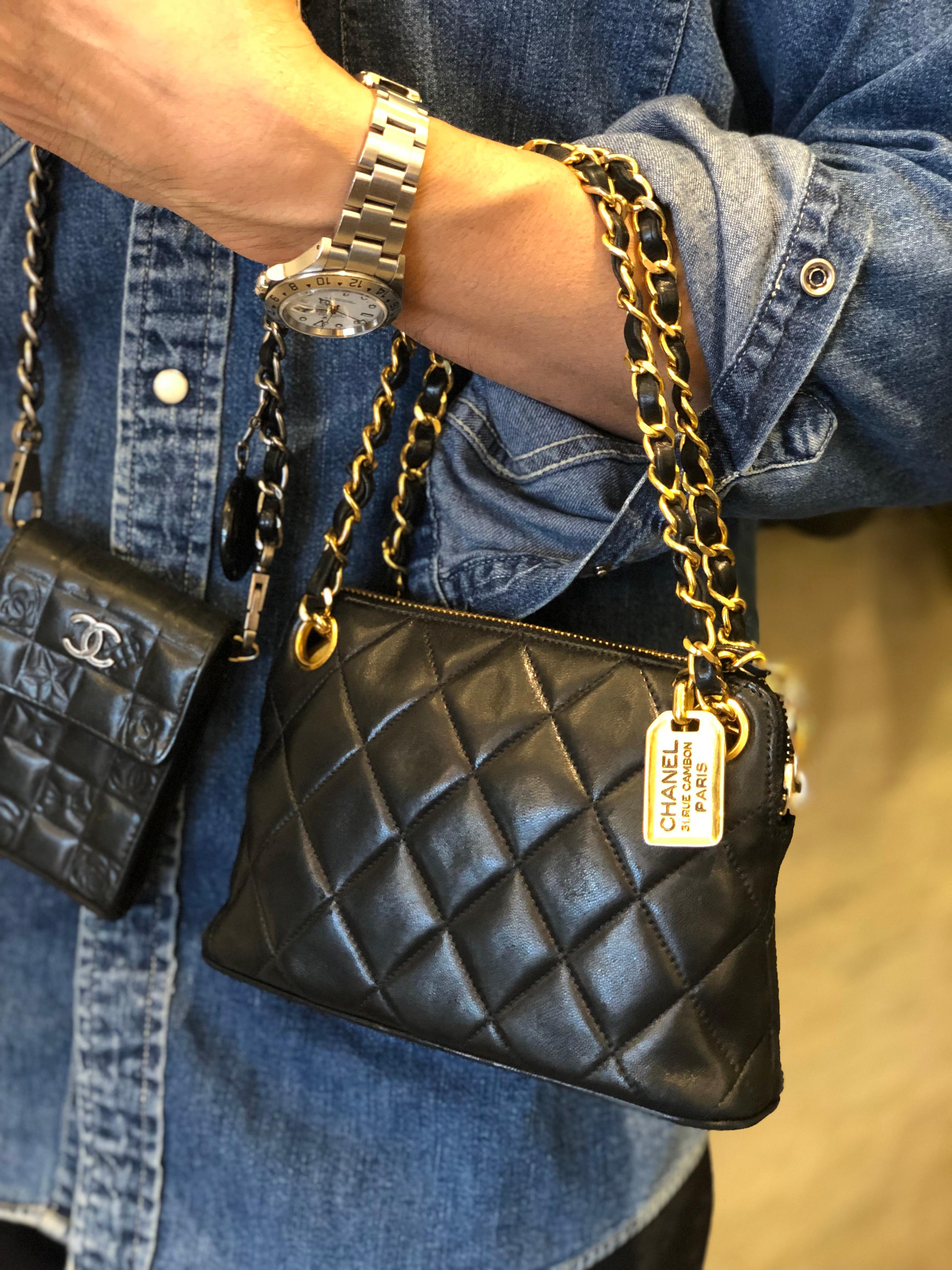 Women's or Men's Vintage CHANEL Black Quilted Lambskin Mini Hand Bag