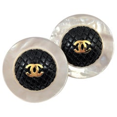 Vintage Chanel Black Quilted Resin on Mother of Pearl Earrings  1  5/8 inch