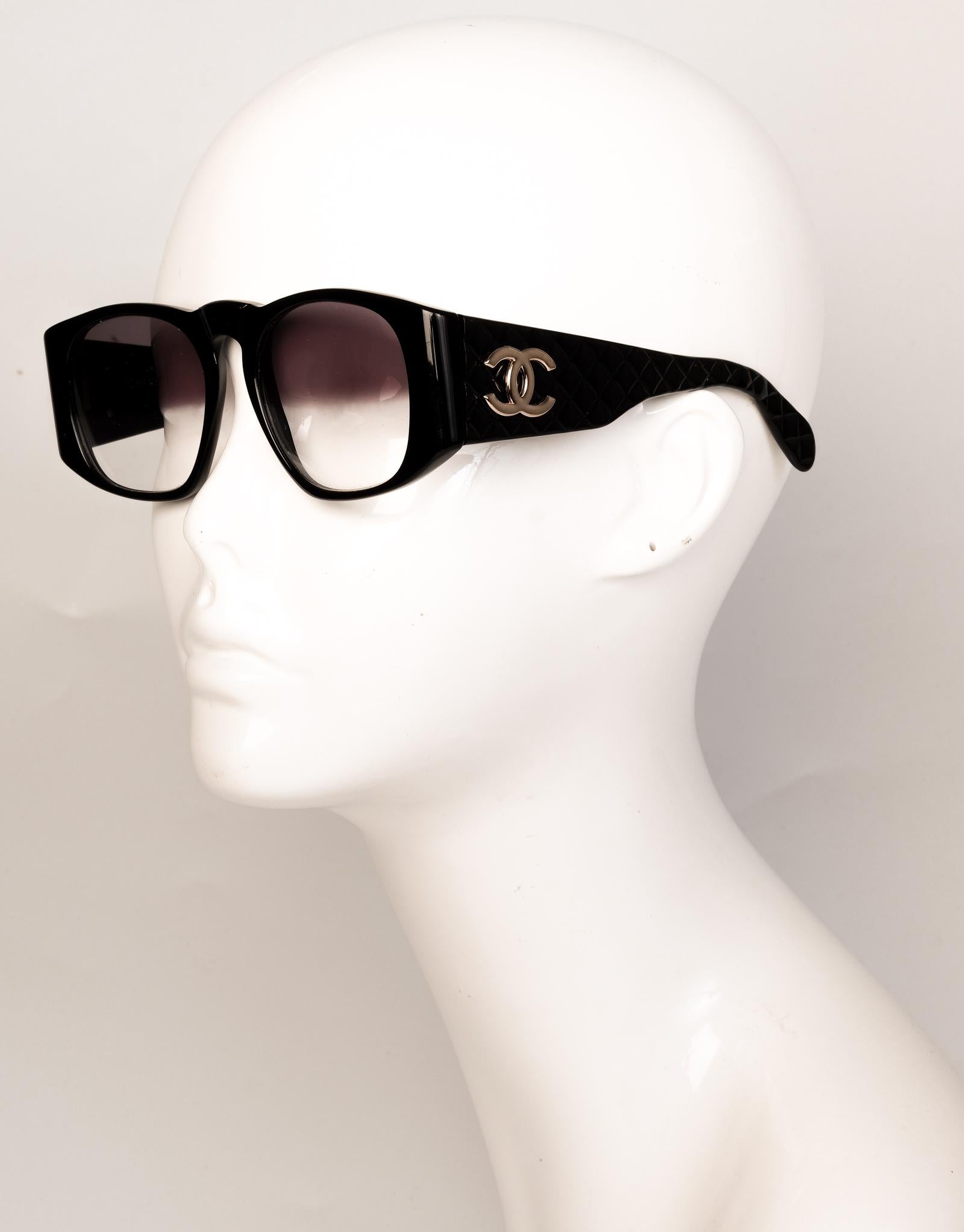 Beige Vintage Chanel Black Quilted Sunglasses For Sale