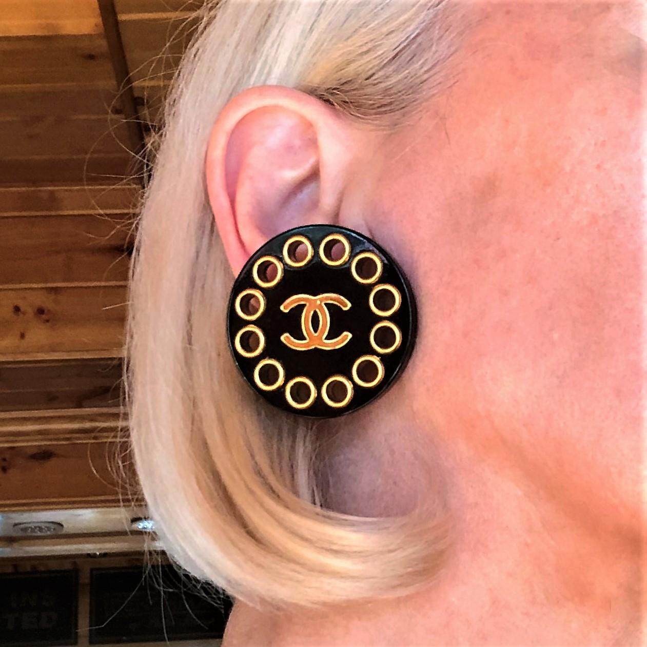 Vintage Chanel Black Resin With Gold Tone Rivets and CC Logo Earrings 1 5/8 inch 2