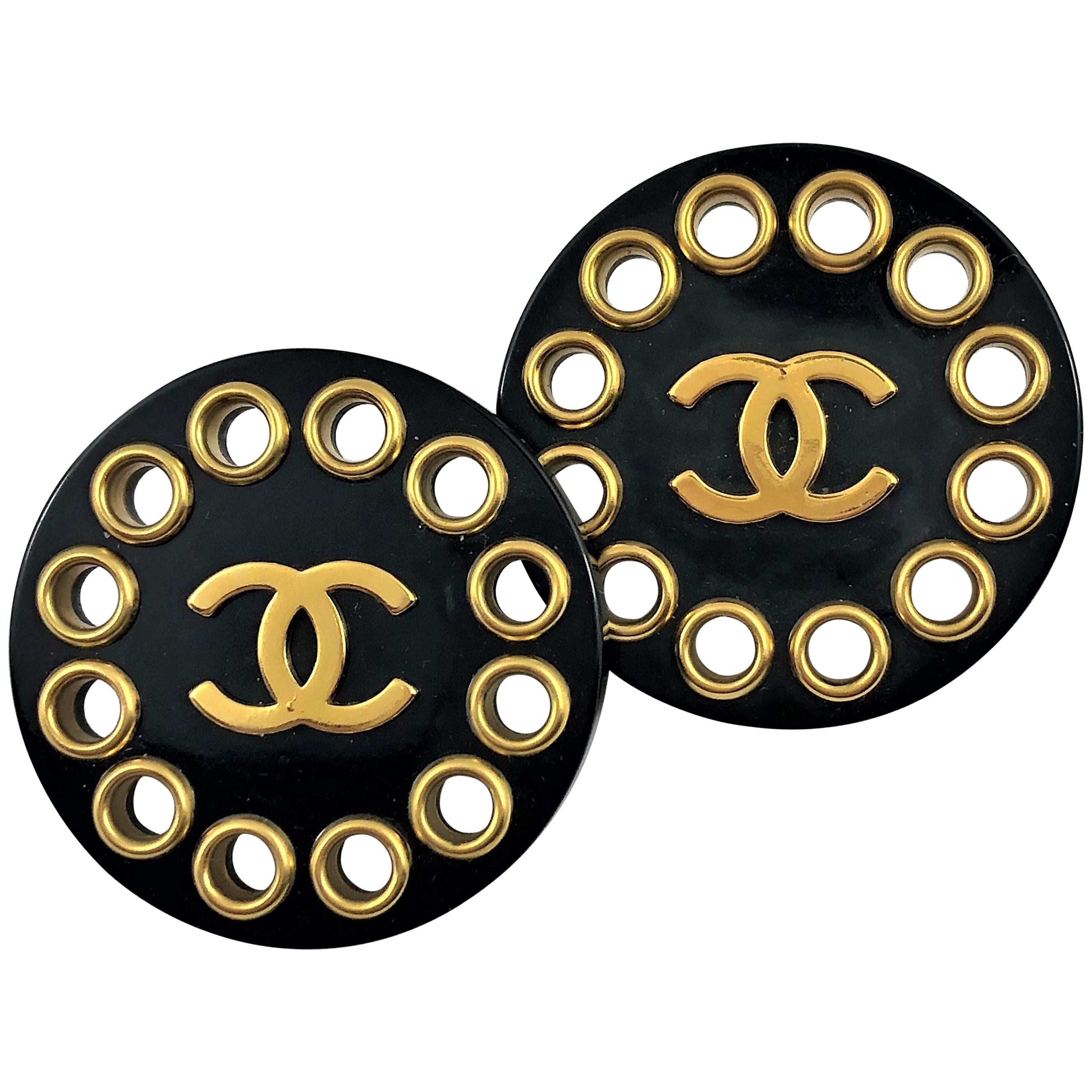 Vintage Chanel Black Resin With Gold Tone Rivets and CC Logo Earrings 1 5/8  inch
