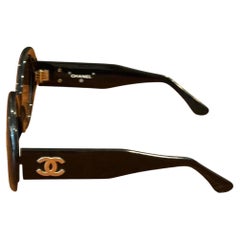 Vintage Chanel Black Round Sunglasses with Gold CC Logos, Made in Italy, 1990s