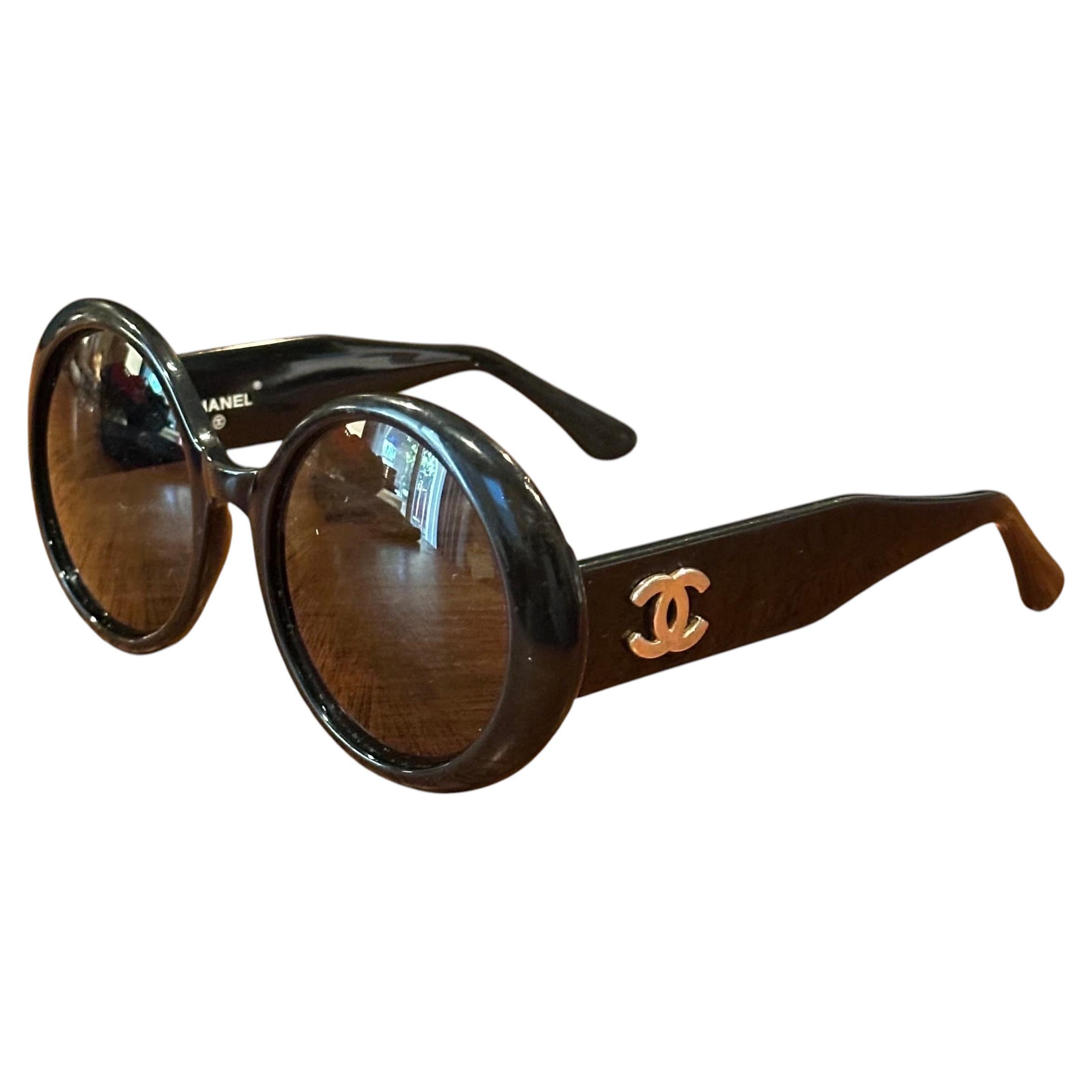 Vintage Chanel Black Round Sunglasses with Gold CC Logos, Made in