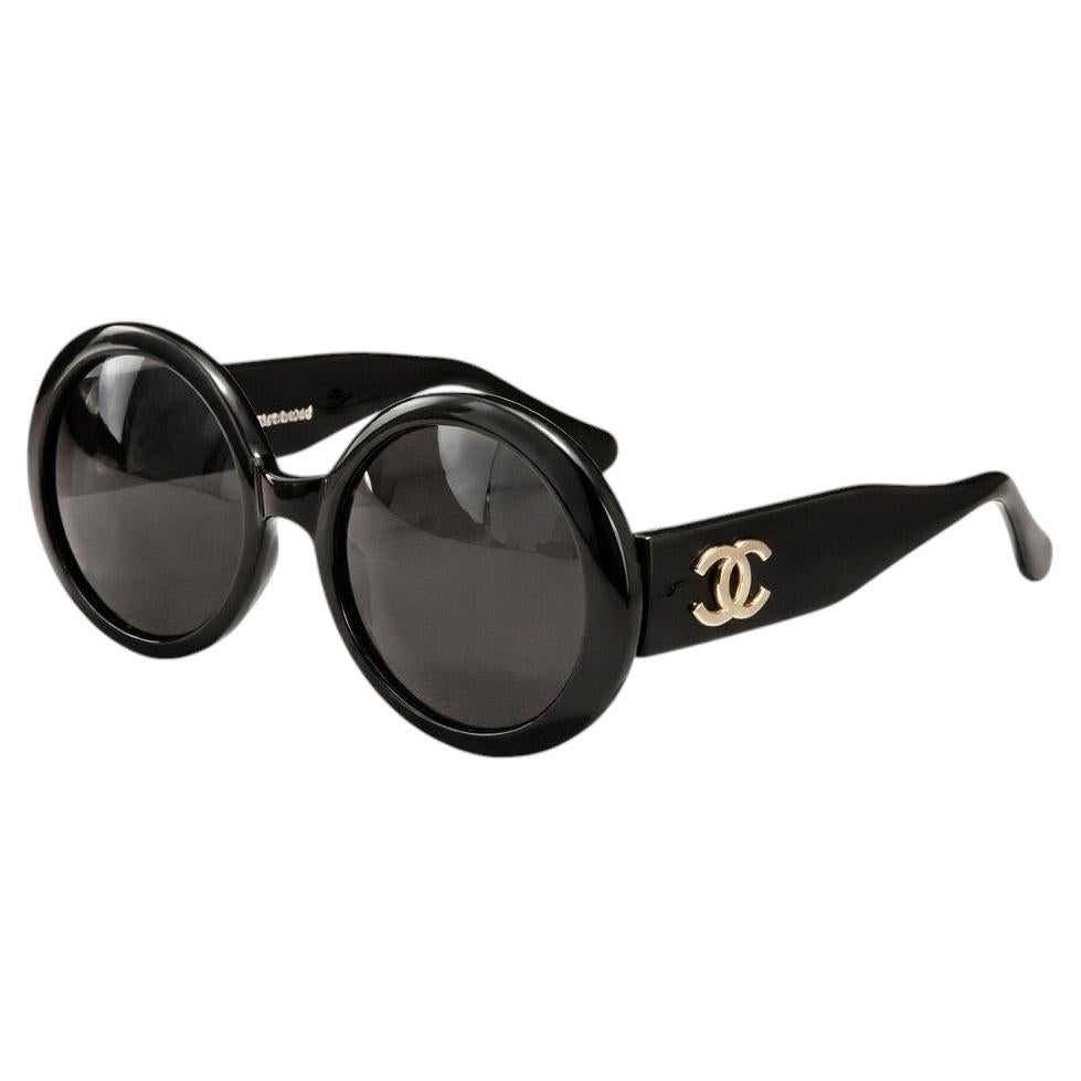 Vintage Chanel Black Round Sunglasses with Gold CC Logos, Made in Italy, 1990s