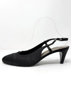Vintage Chanel Black Satin CC Logo Slingback Kitten Heel Pumps Size 39