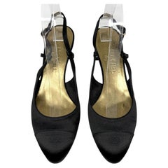 Vintage Chanel Black Satin CC Logo Slingback Kitten Heel Pumps Size 39