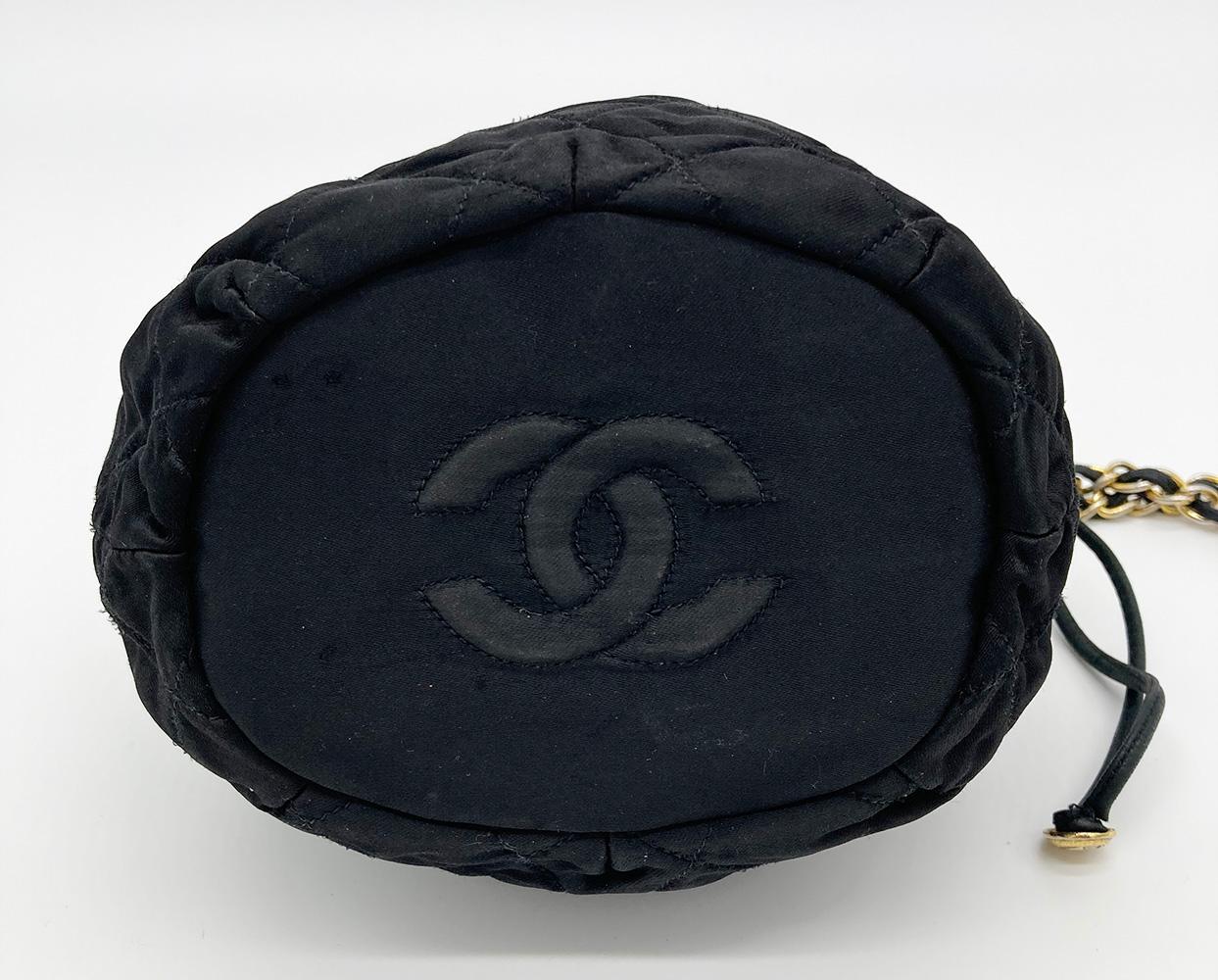 Vintage Chanel Black Satin & Leather Drawstring Bucket Bag In Good Condition In Philadelphia, PA