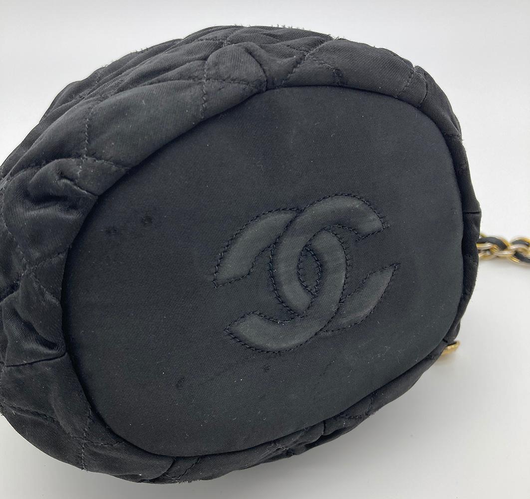 Women's Vintage Chanel Black Satin & Leather Drawstring Bucket Bag