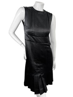 Vintage Chanel Black Satin Pleated Sleeveless Dress with Logo Buttons FR 36