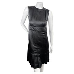 Vintage Chanel Black Satin Pleated Sleeveless Dress with Logo Buttons FR 36