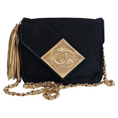 Vintage Chanel Black Satin Quilted Gold Diamond CC with Tassel Mini Flap Bag