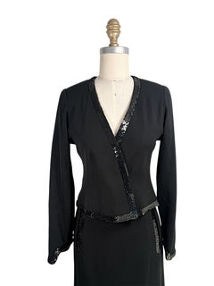 Vintage Chanel Black Sequin Trim Karl Lagerfeld Era Jacket and Skirt Suit Set