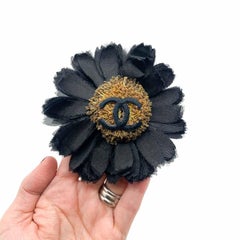 Vintage Chanel Black Silk & Gold Sunflower CC Motif Brooch 1980s