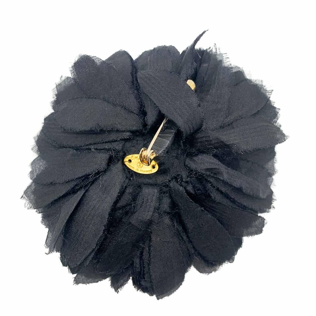 Vintage CHANEL Large & Impressive Black Silk & Golden Sunflower CC Brooch 1980s In Good Condition In Wilmslow, GB