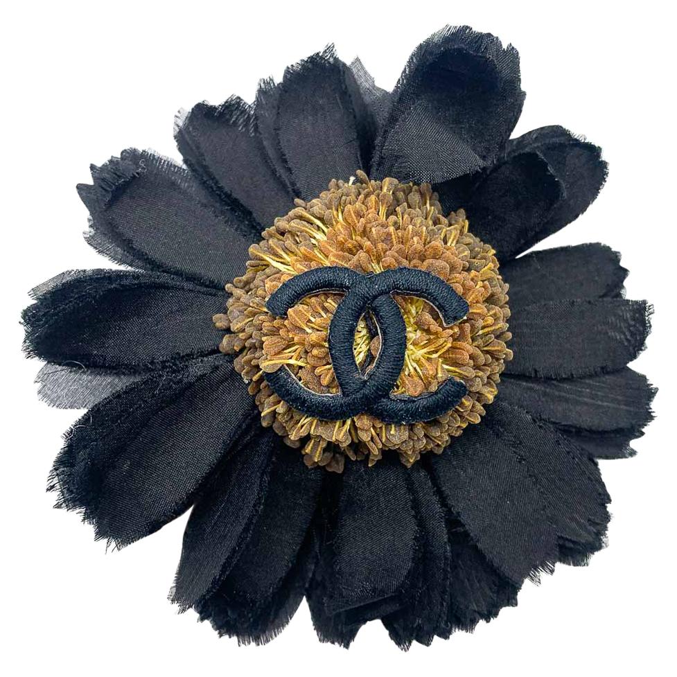 Vintage CHANEL Large & Impressive Black Silk & Golden Sunflower CC Brooch 1980s