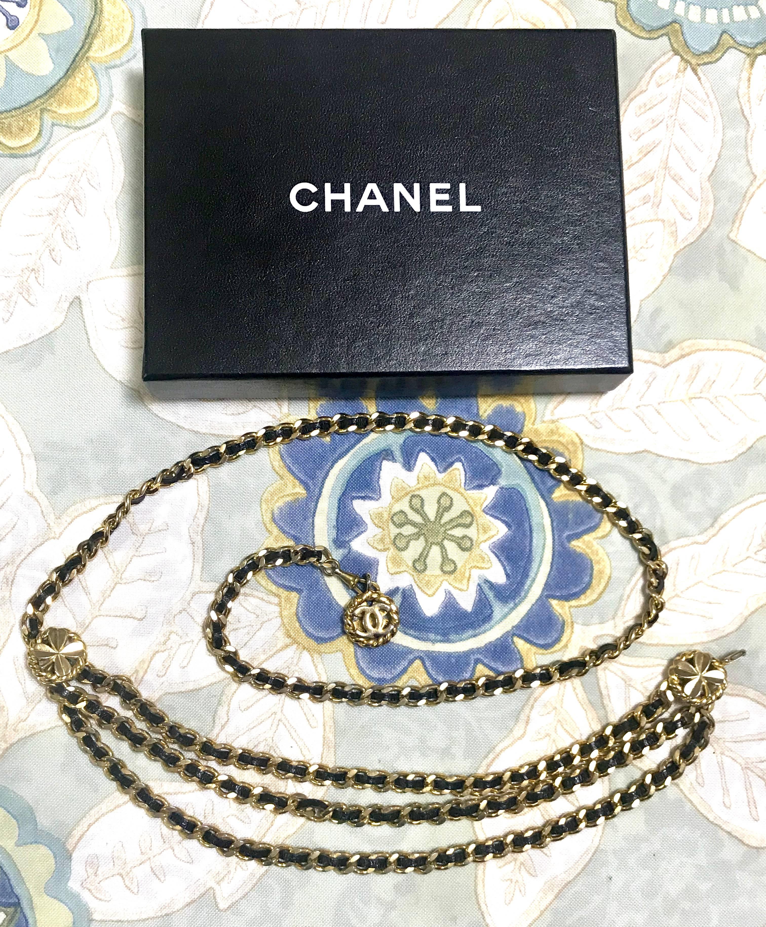 Chanel Vintage black skinny leather chain and three-strand belt with clover  4