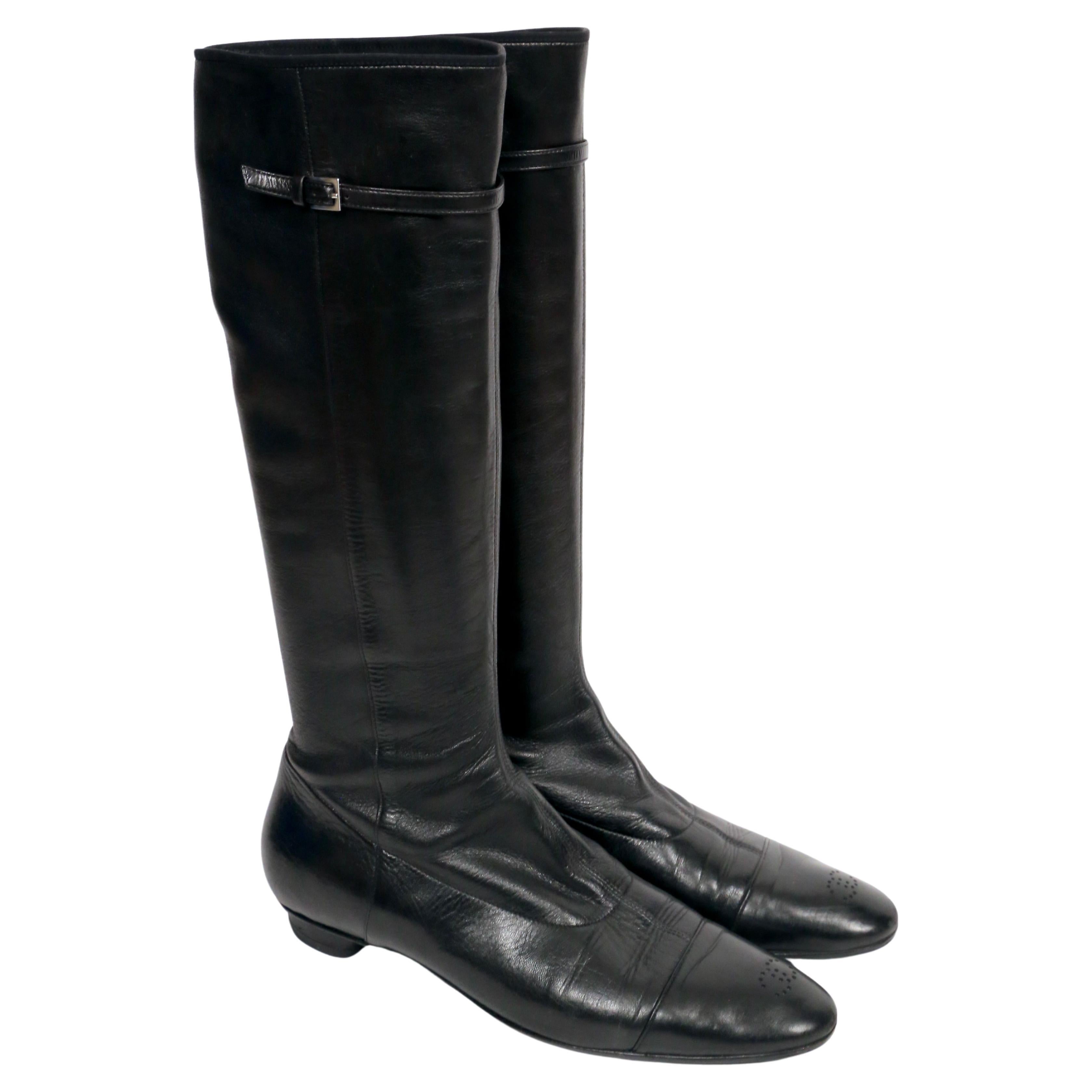 vintage CHANEL black stretch leather boots 39.5 For Sale