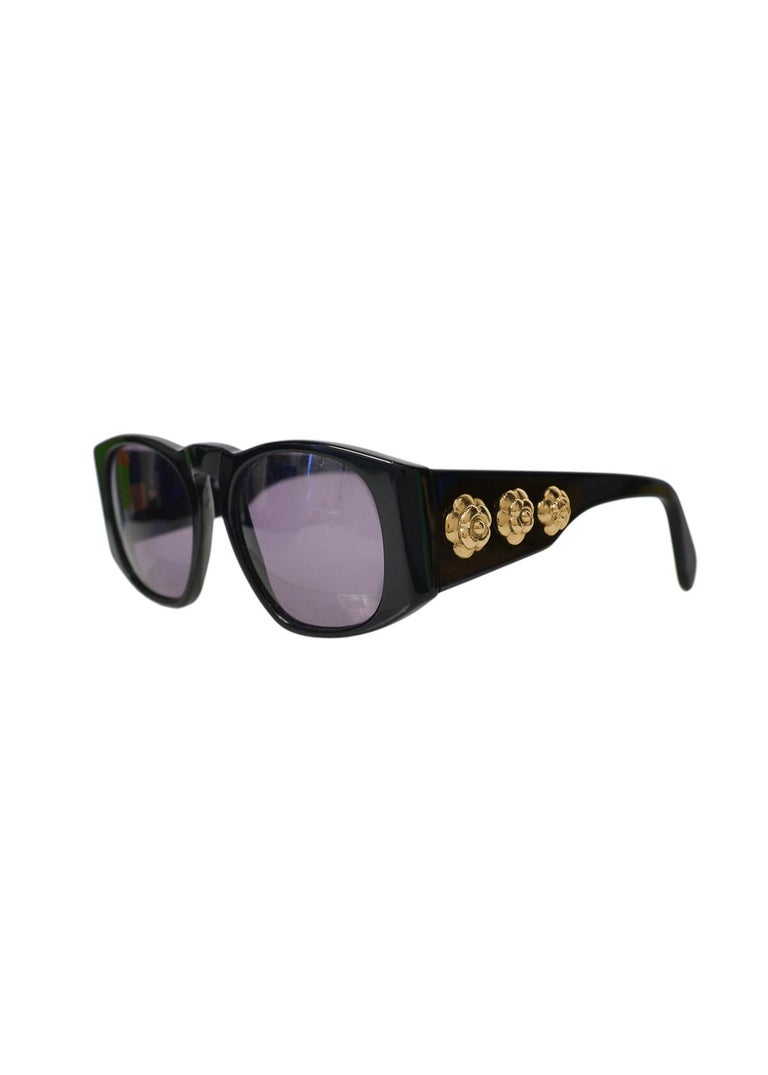 Vintage Chanel Black Sunglasses with Gold Camellia Flower Medallions