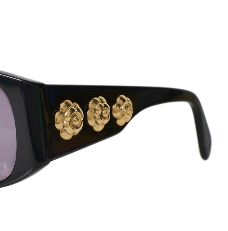 Vintage Chanel Black Sunglasses with Gold Camellia Flower