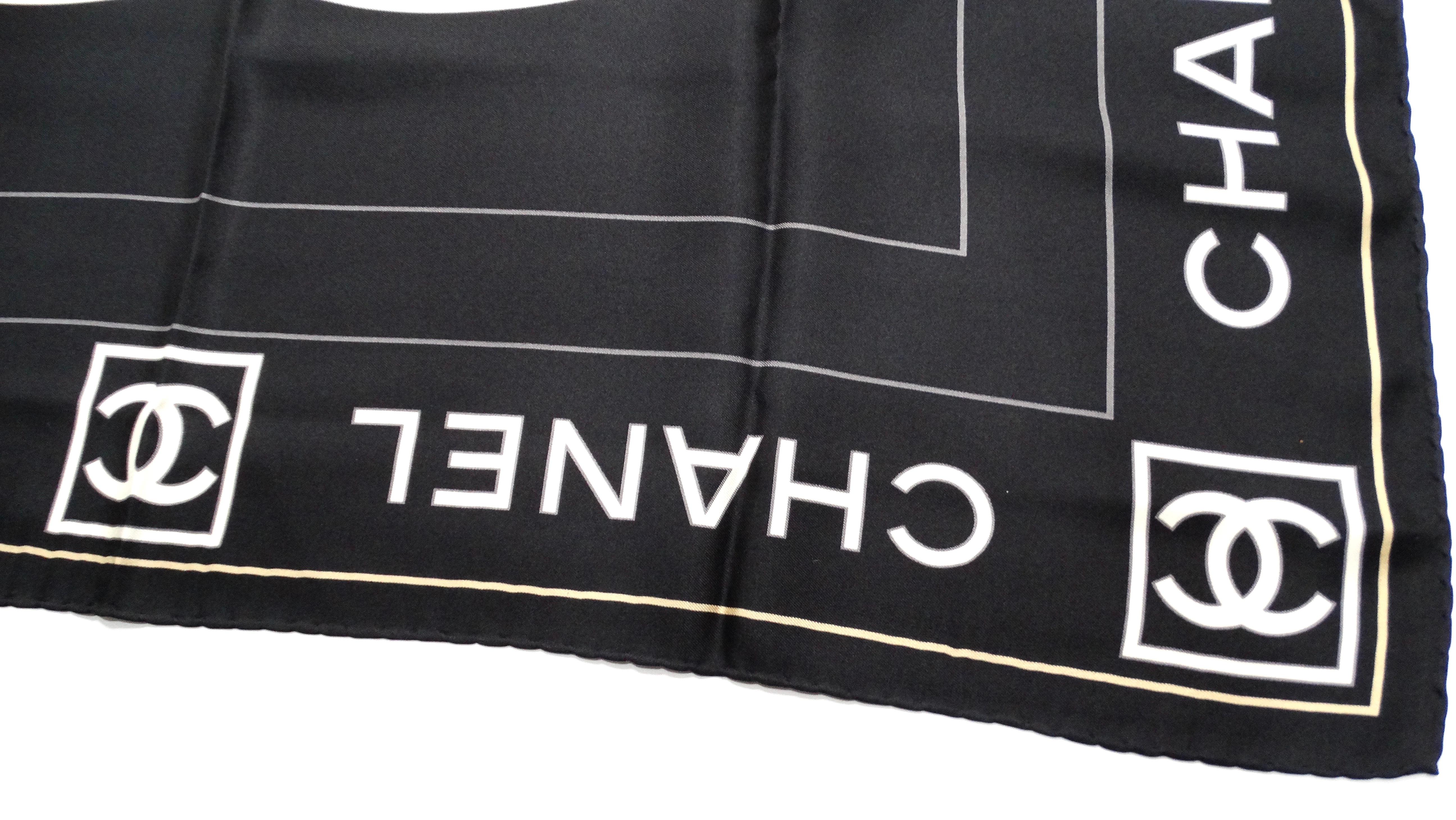 Women's Vintage Chanel Black & White Silk Interlocking CC Logo Scarf