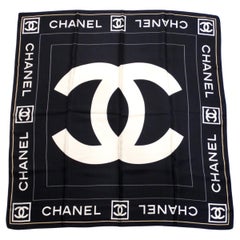 Vintage Chanel Black & White Silk Interlocking CC Logo Scarf