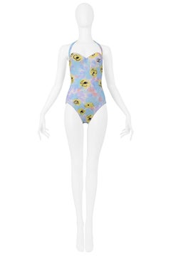 Vintage Chanel Blue Floral One Piece Halter Swimsuit 1997