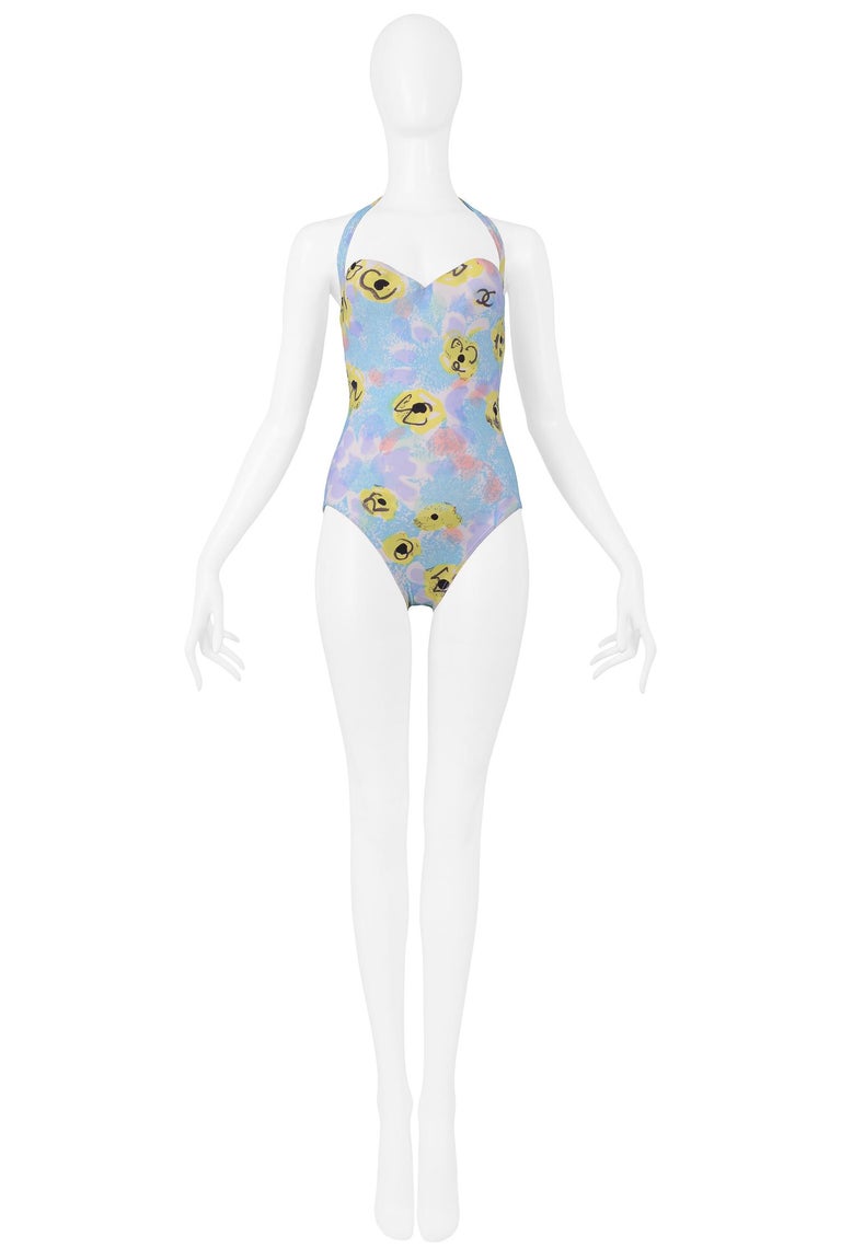 Vintage Chanel Blue Floral One Piece Halter Swimsuit 1997 at