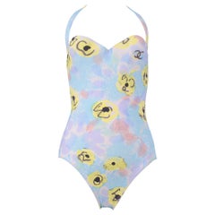 Retro Chanel Blue Floral One Piece Halter Swimsuit 1997