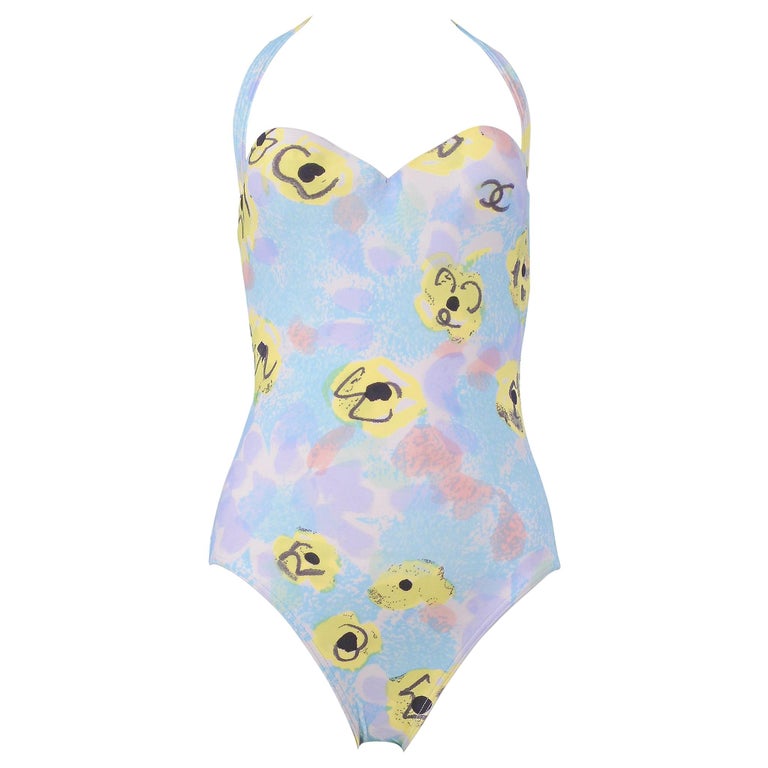 Vintage Chanel Blue Floral One Piece Halter Swimsuit 1997 At 1stdibs
