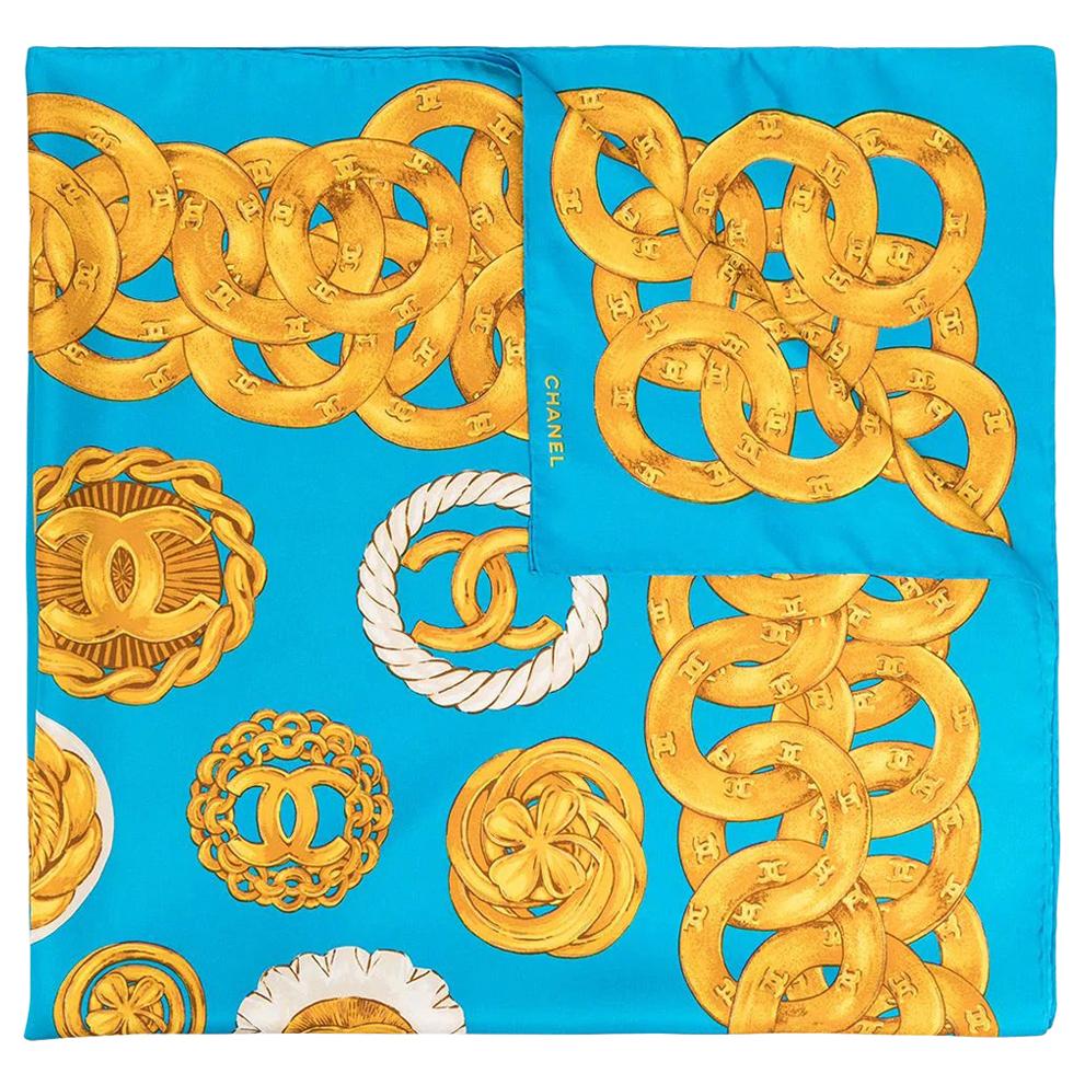 Vintage Chanel Blue & Gold Chain Medallion CC Logo Silk Scarf