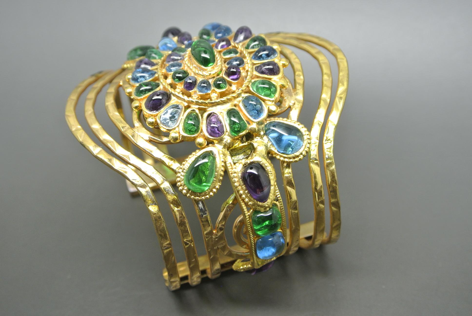 Women's or Men's Vintage Chanel Blue Purple Gripoix Glass Byzantine Statement Bracelet Cuff For Sale