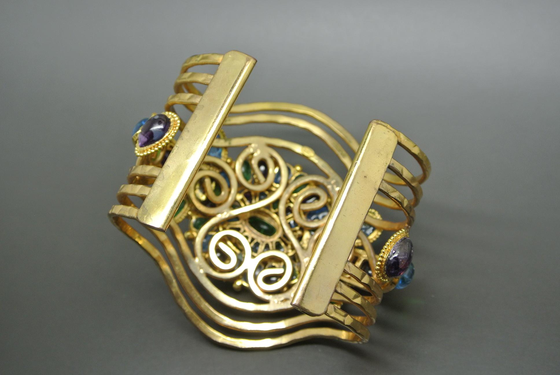 Vintage Chanel Blue Purple Gripoix Glass Byzantine Statement Bracelet Cuff For Sale 1
