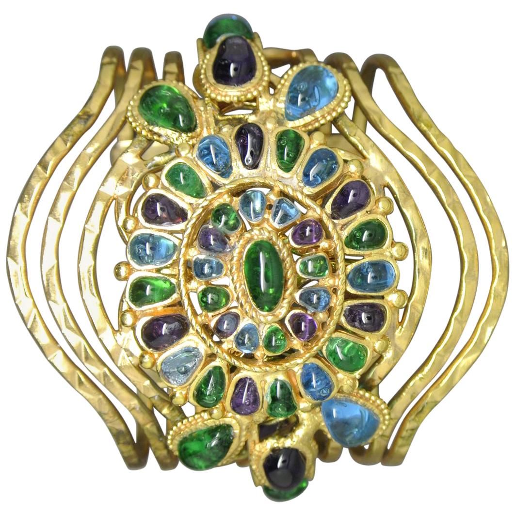 Vintage Chanel Blue Purple Gripoix Glass Byzantine Statement Bracelet Cuff For Sale