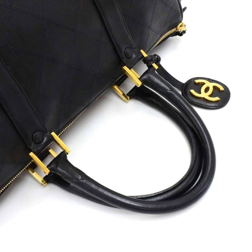 Vintage Chanel Boston Black Lambskin Quilted Duffle Bag In Fair Condition In Fukuoka, Kyushu