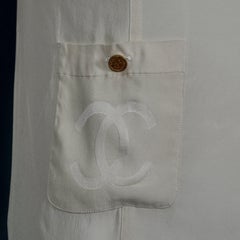Vintage CHANEL BOUTIQUE CC Logo Pocket Beige Silk Top