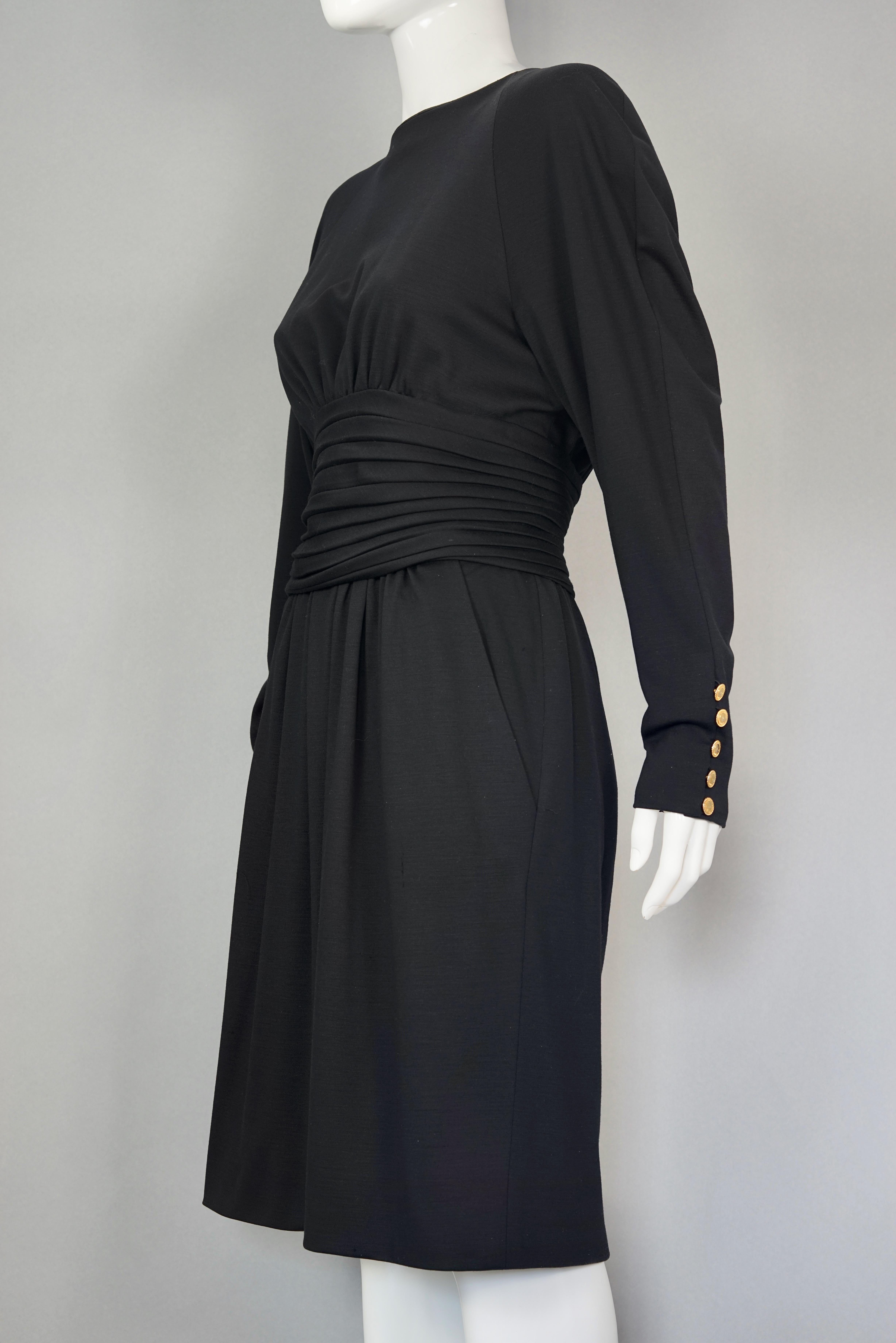 Women's Vintage CHANEL BOUTIQUE Cummerbund Button Down Wool Silk Black Dress For Sale