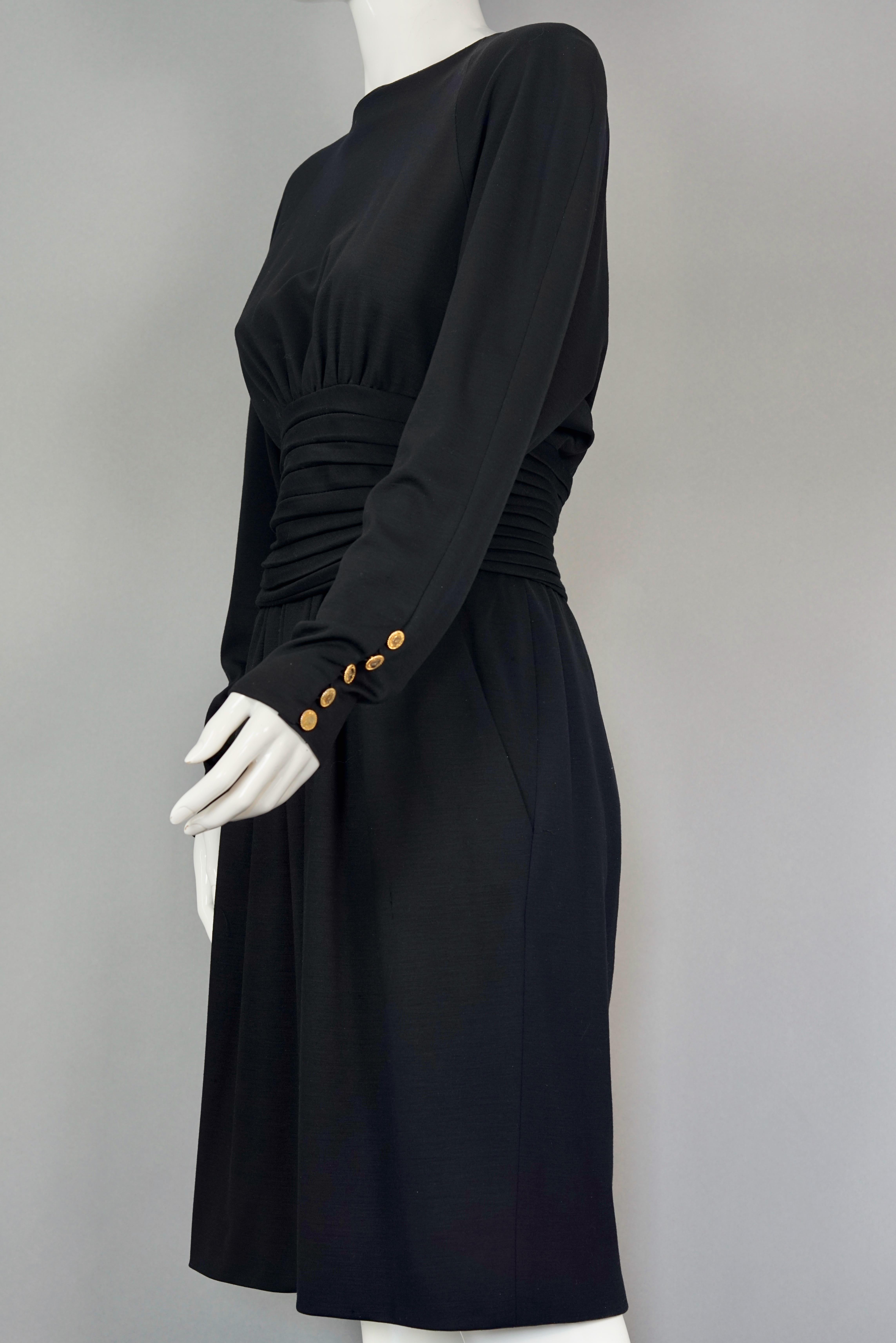 Vintage CHANEL BOUTIQUE Cummerbund Button Down Wool Silk Black Dress For Sale 1