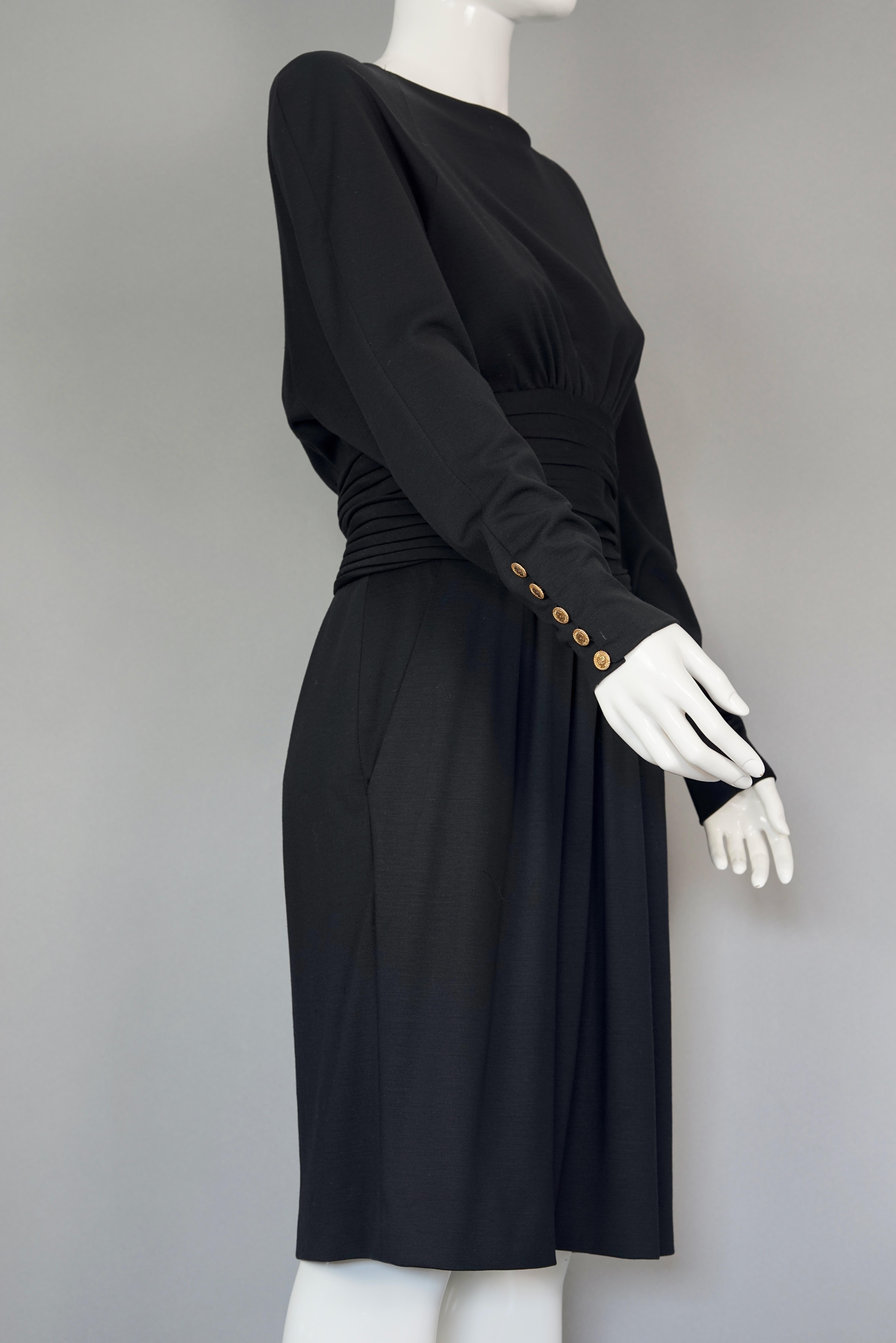 Vintage CHANEL BOUTIQUE Cummerbund Button Down Wool Silk Black Dress For Sale 2
