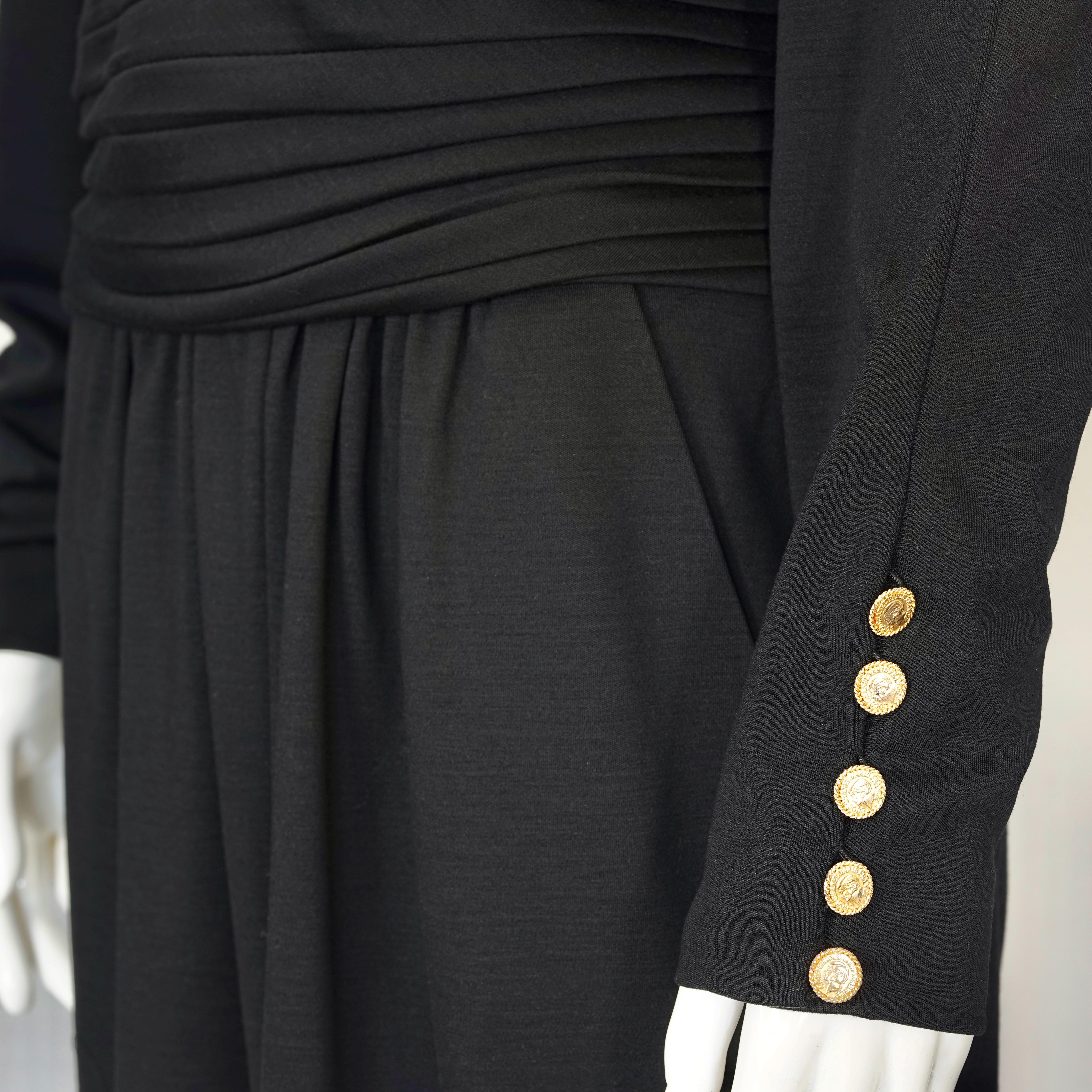 Vintage CHANEL BOUTIQUE Cummerbund Button Down Wool Silk Black Dress For Sale 5