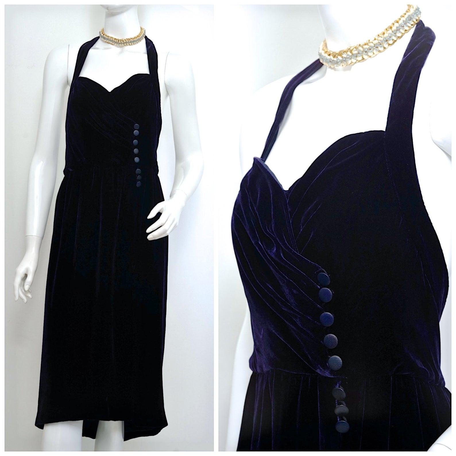 Vintage CHANEL BOUTIQUE Velvet Halter Formal Dress

Measurements taken laid flat, please double waist and hips:
Bust: 17 4/8 inches
Waist: 14 inches
Hips: 19 inches
Length: 43 inches (front)
47 inches (back)

Features
- 100% Authentic CHANEL