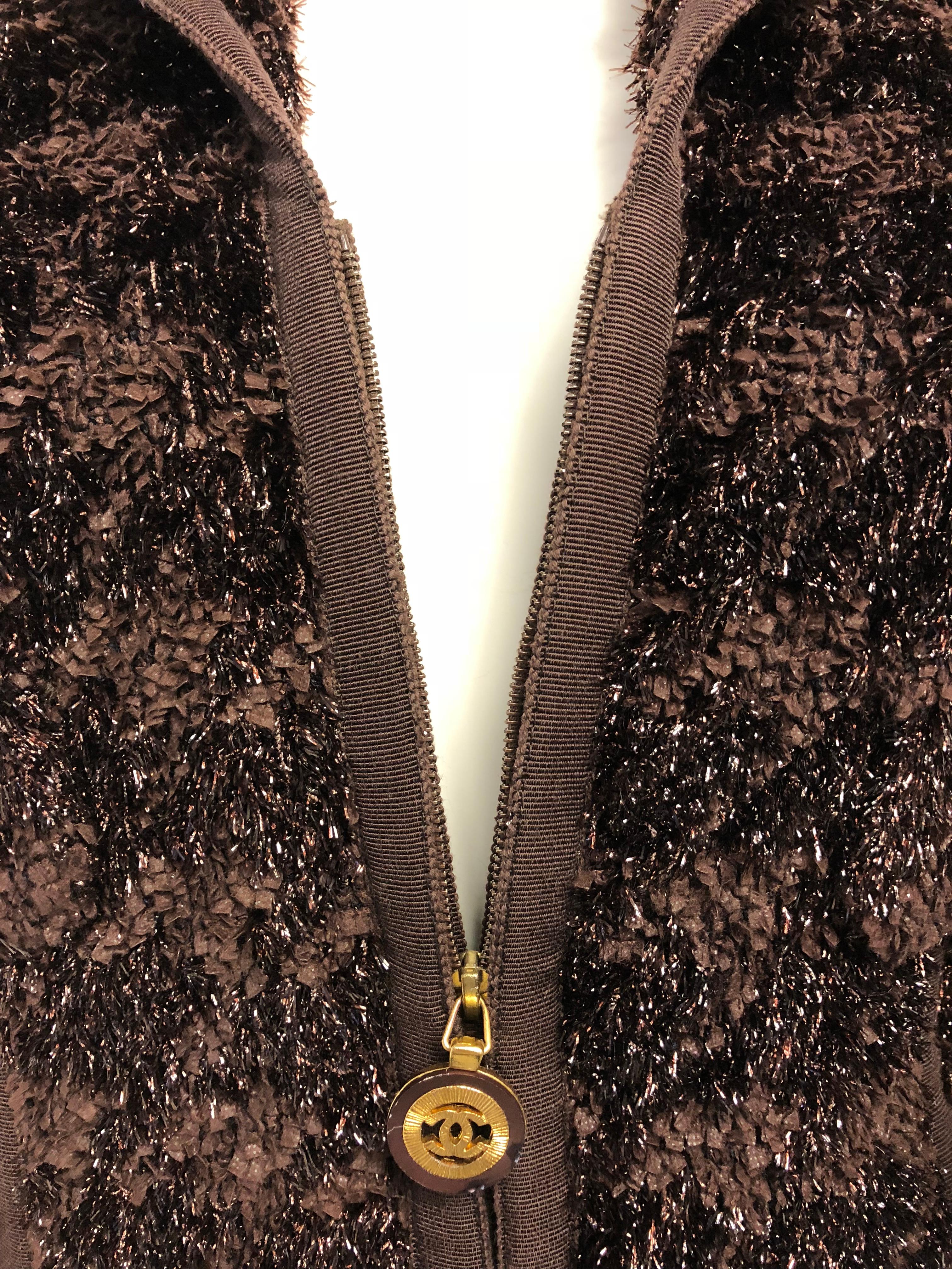 Black Vintage Chanel Brown Fantasy Tweed Shimmer Zip Front Jacket 